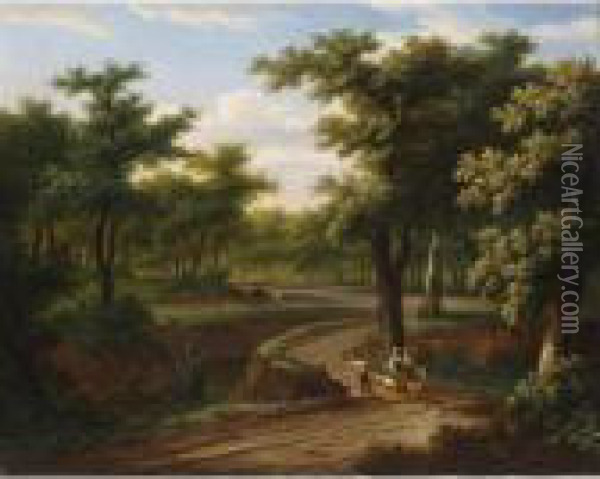 A Wooded Landscape With A 
Shepherdess And A Child On A Donkey On A Path Conversing With A Peasant 
Near A Stream, A Herdsman And His Herd In The Background Oil Painting - Frans Swagers