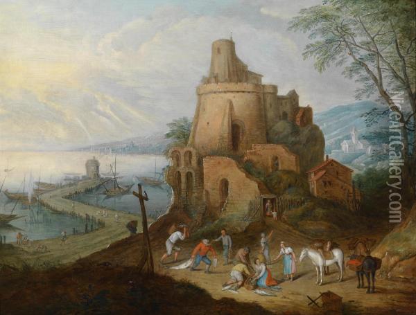 Coastallandscape With A Fishmonger In Front Of A Tower Oil Painting - Karel Beschey