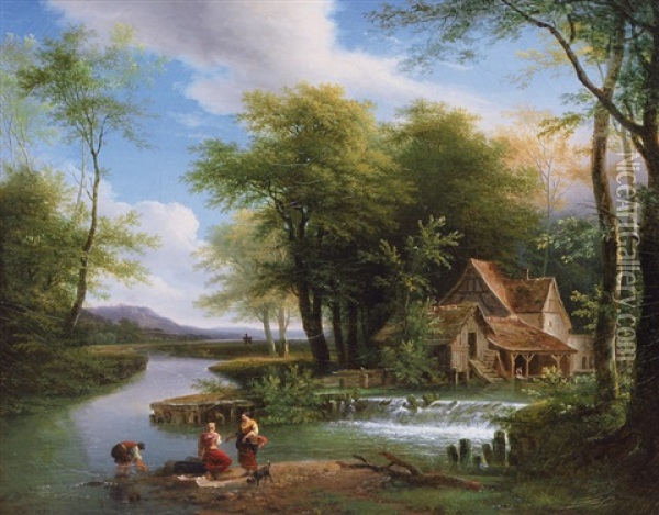 Laundresses By A River Oil Painting - Louis Etienne Watelet