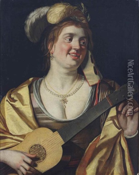 A Lady With A Mask Tuning A Guitar Oil Painting - Gerrit Van Honthorst