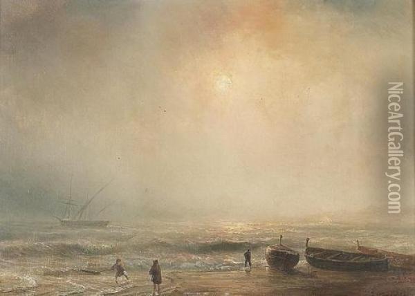Kustenpartie Mit Ruderbooten. Oil Painting - Theodore Gudin