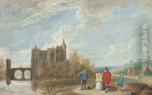 A river landscape with elegant company conversing with a peasant, a castle beyond Oil Painting - David The Younger Teniers