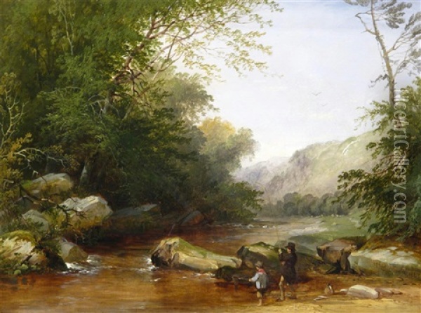 Anglers On A River; Gypsy Encampment (2 Works) Oil Painting - Henry John Boddington