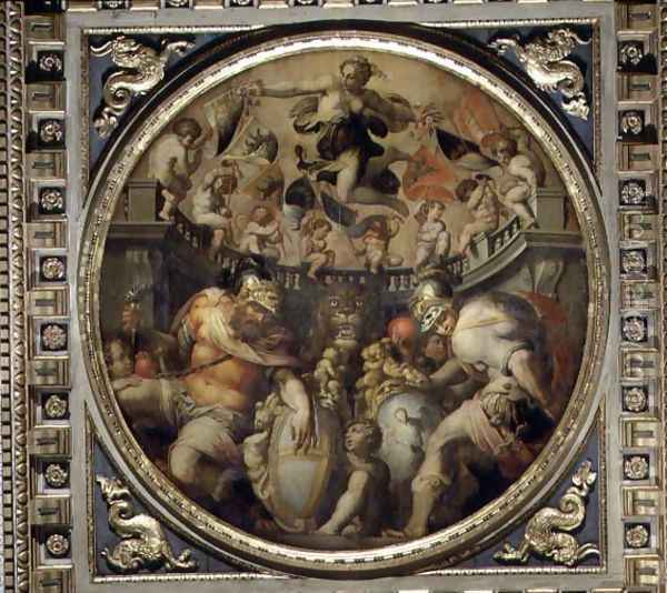Allegory of the districts of Santa Croce and Santo Spirito from the ceiling of the Salone dei Cinquecento, 1565 Oil Painting - Giorgio Vasari
