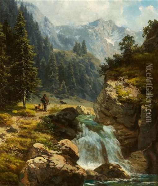 Mountain Landscape With A Waterfall Oil Painting - Ludwig Correggio