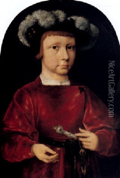 Portrait Of A Young Prince, Half Length, Weraring A Red Doublet And Featherd Cap And Holding A Flower Oil Painting - Joos Van Cleve
