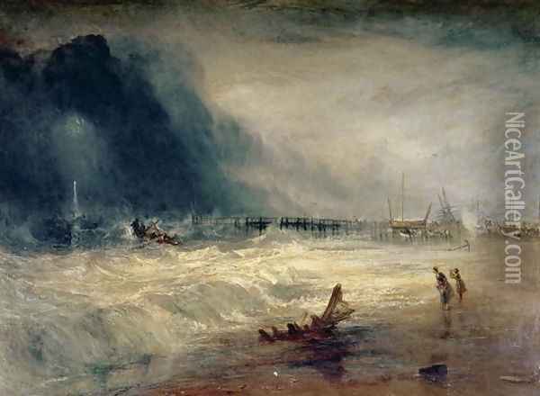 Lifeboat and Manby Apparatus going off to a stranded vessel making signal blue lights of distress , c.1831 Oil Painting - Joseph Mallord William Turner