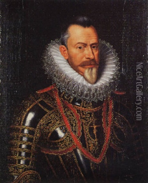 Portrait Of Archduke Albert Of Austria In Gilt Chaised Armour Oil Painting - Frans Pourbus the younger