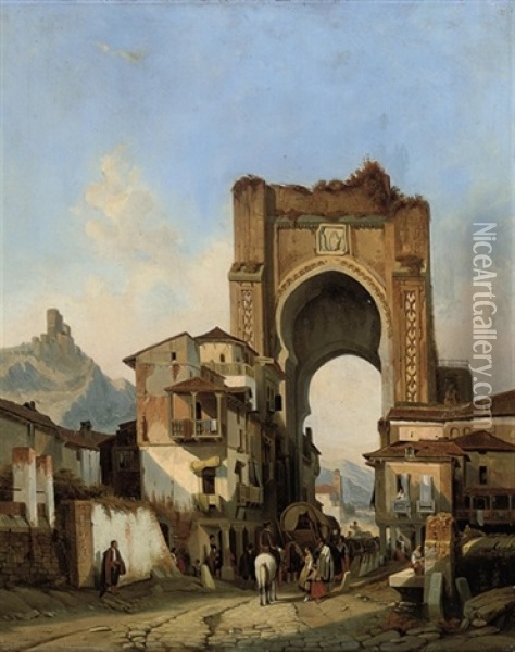 Figures At A Spanish Gateway Oil Painting - Jacques Francois Carabain
