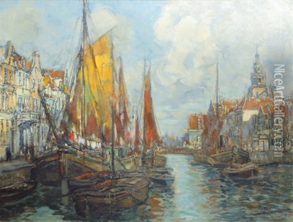 Canal In Amsterdam With The Oude Kerk Oil Painting - Otto Hammel