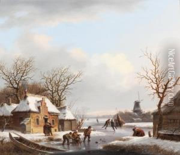 Icescape With 'koek-en-zopie' Vendors Oil Painting - Jacobus Van Der Stok