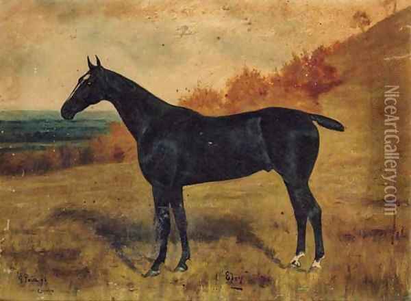 Ebony, a black Racehorse in a Landscape Oil Painting - George Paice