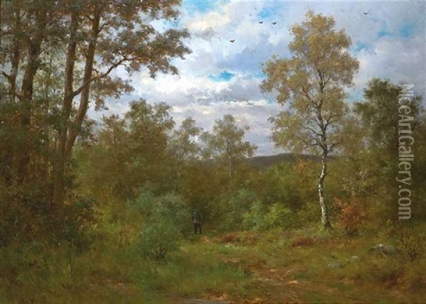Landschaft Mit Jager. Spatsommerliche Waldlichtung Im Taunus Oil Painting - Johann Adolf Hoeffler