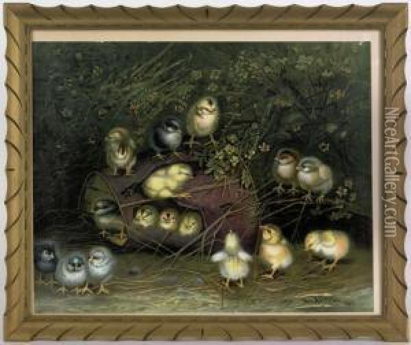 Chromolithograph Of Chicks Playing Around A Tin Can Oil Painting - Ben Austrian