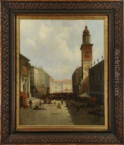 European City Market Scene With Clock Tower Oil Painting - August Siegert