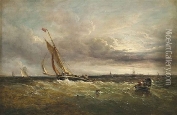 Fishing Vessels In A Steady Breeze Off Harwich Oil Painting - John Moore Of Ipswich