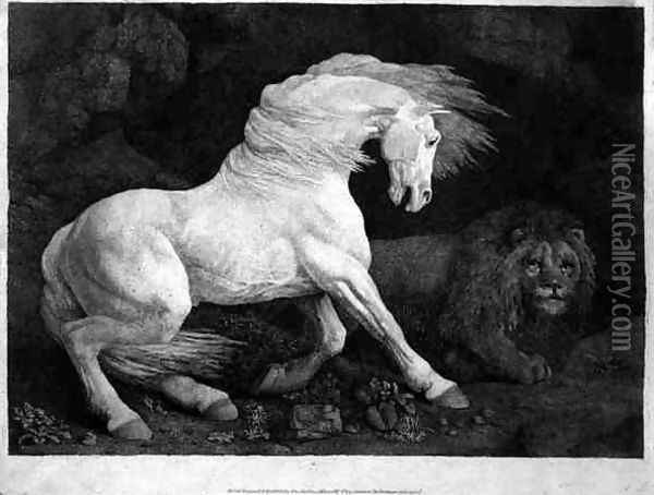 A Horse Affrighted by a Lion, engraved by the artist, pub. 1788 Oil Painting - George Stubbs