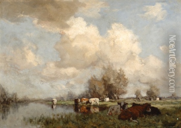 Cows By The Water's Edge Oil Painting - Johannes Karel Leurs