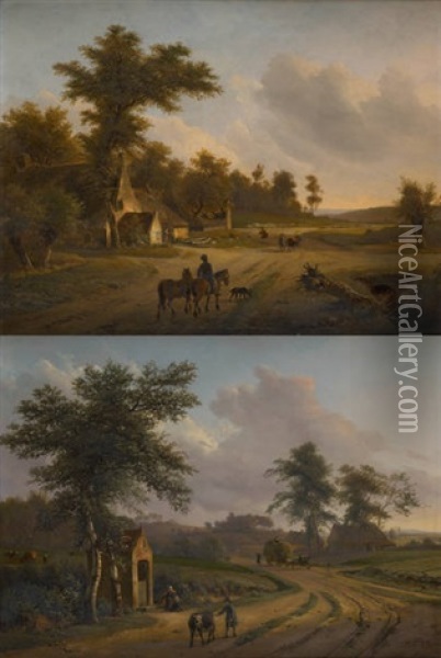Paysages Animes (2 Works) Oil Painting - Jean-Baptiste de Jonghe