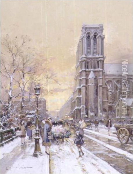A View Of Notre Dame On A Snowy Day Oil Painting - Eugene Galien-Laloue