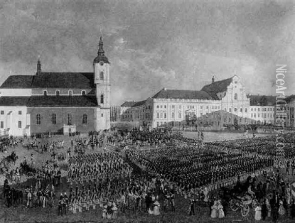 Die Parade Der Bayerischen Truppen In Augsburg (?) Vor Konig Ludwig I Von Bayern Und Zar Nikolaus I. Von Rusland Oil Painting - Gustav Schwarz