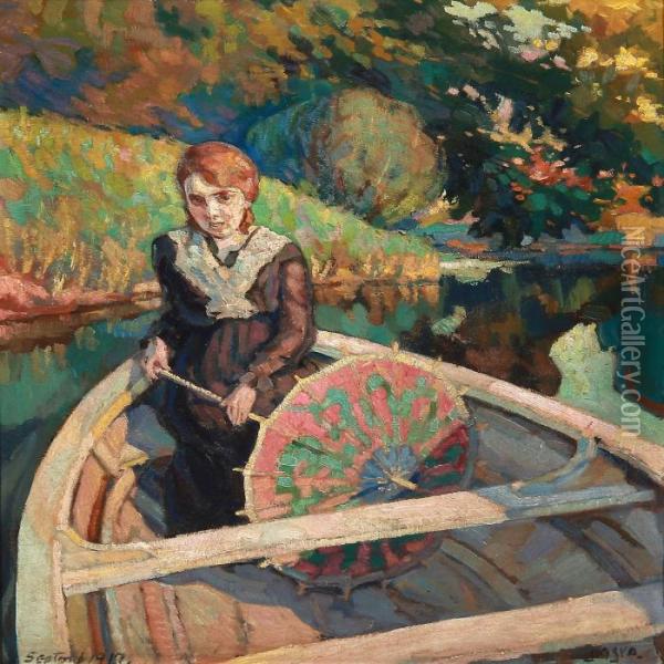 A Woman With An Umbrella In A Rowboat Oil Painting - Soren Josua Christensen