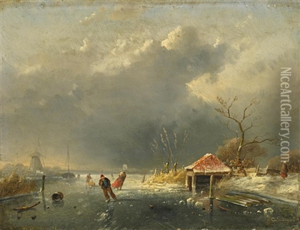Schlittschuhlaufer Auf Einem Winterlichen Kanal Oil Painting - Charles Henri Joseph Leickert