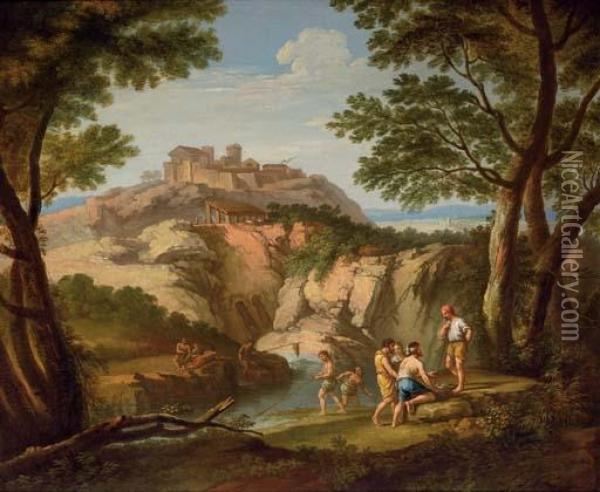 An Italianate River Landscape With Fishermen In The Foreground And A Hill Town Beyond Oil Painting - Andrea Locatelli