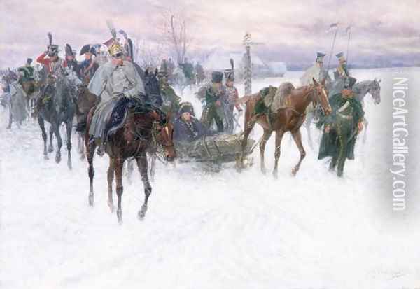 Napoleon's Troops Retreating from Moscow, 1888-89 Oil Painting - Jan van Chelminski