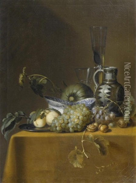 Stilleben Mit Fruchten, Porzellanschalen, Steinzeugkrug Und Trinkglasern Oil Painting - Samuel Hofmann