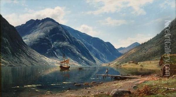 Fjordlandskap Med Folkeliv 1883 Oil Painting - Amaldus Clarin Nielsen