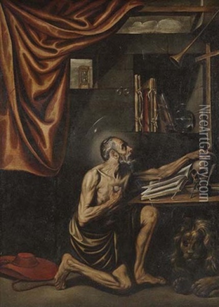 San Jeronimo Penitente En Su Estudio (luis Tristan And Workshop) Oil Painting - Luis Tristan De Escamilla