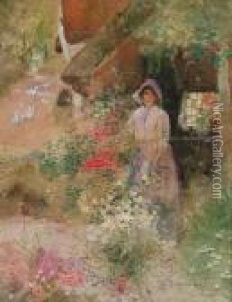 The Valley Cottage - A Woman Picking Flowers Oil Painting - Thomas Mackay