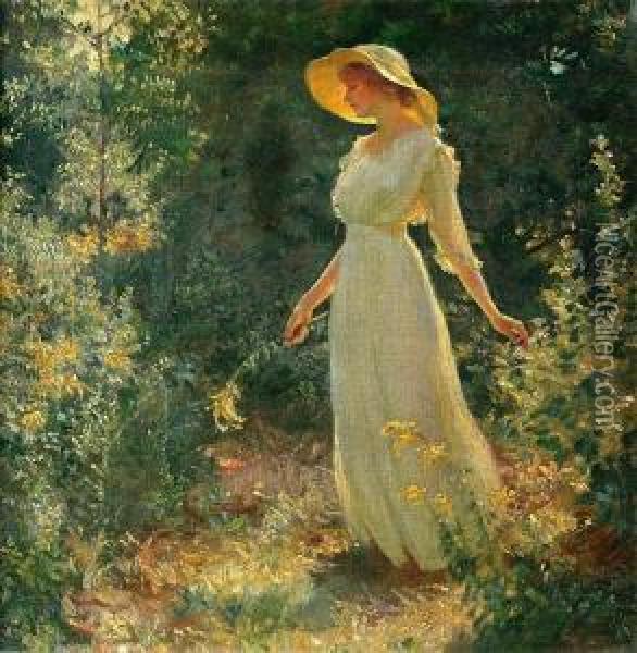 Woman In A White Dress In A Garden Oil Painting - Charles Curran