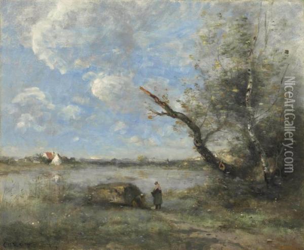Environs De Mantes, Le Gue Sur La Seine Oil Painting - Jean-Baptiste-Camille Corot