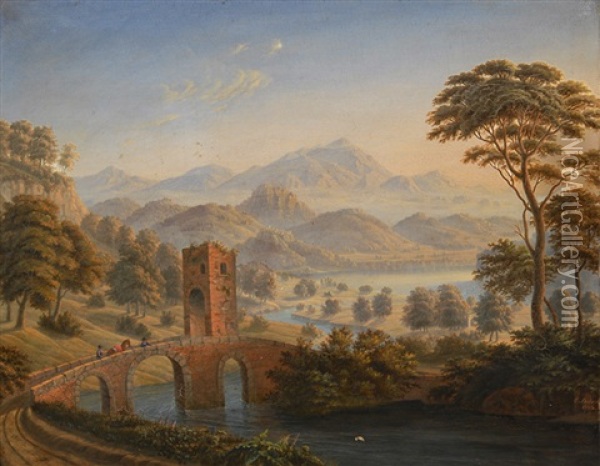Alpine Landscape With Defence Tower On A Bridge Oil Painting - Christian Wilhelm Luedert