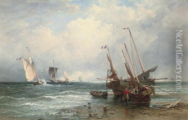 French Fishing Boats, Luggers And Fishing Smacks: Ebb Tide Oil Painting - Edmund Thornton Crawford