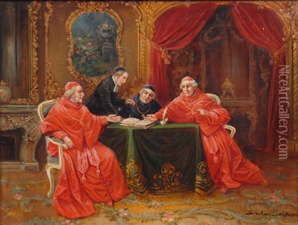 Cardinals And Clergymen In A Conversation Oil Painting - Stephan Sedlacek