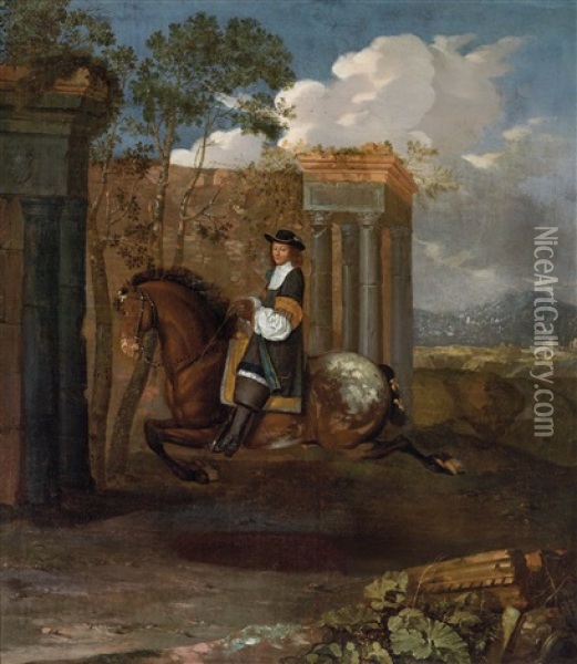 Ein Reiter Auf Einem Pferd In Der Courbette In Sudlicher Landschaft Oil Painting - Johann Georg de Hamilton