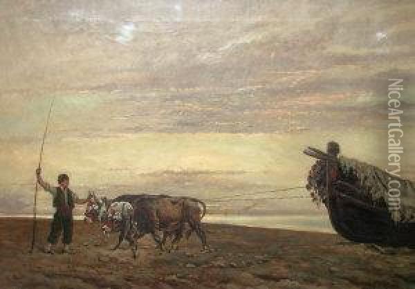 Follower Of Baldomero Galofre Y 
Gimenez, Spanish -- Fisherman With Oxen And A Beached Vessel Oil Painting - Baldomero Galofre Y Gimenez