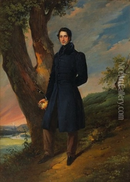 Portrait D'homme Tenant Une Pipe Sur Fond De Paysage Oil Painting - Edouard Henri Theophile Pingret