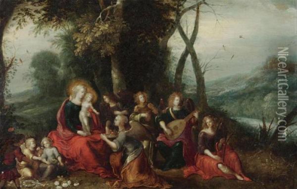 The Adoration Of The Madonna With Angels Playing Music Oil Painting - Frans II Francken