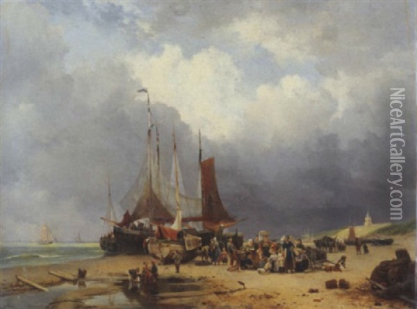 Sorting The Catch On The Beach Of Scheveningen Oil Painting - Hendrik van de Sande Bakhuyzen