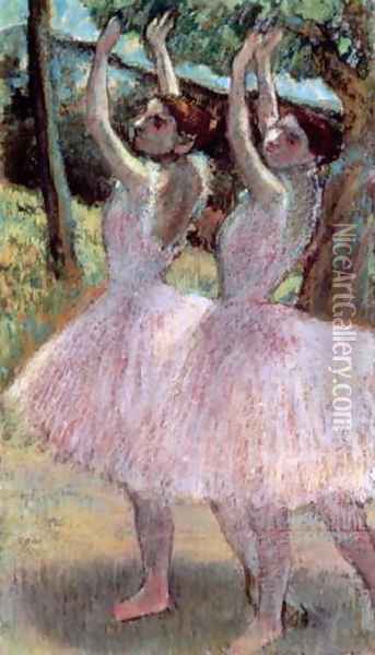 Dancers in violet dresses, arms raised, c.1900 Oil Painting - Edgar Degas