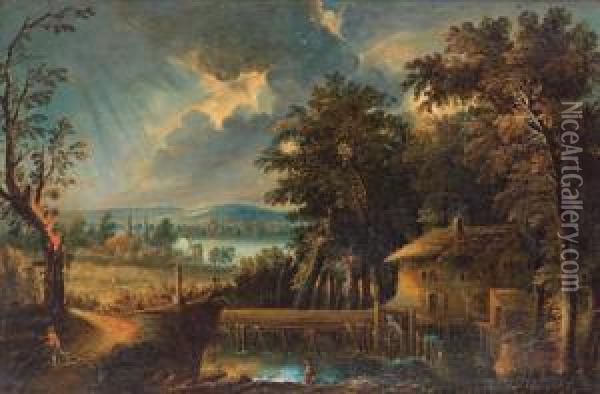 Paesaggio Fluviale Romantico Al Tramonto Oil Painting - Peter Von Bemmel