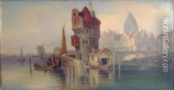 Dutch View Of Barbican Oil Painting - Ludwig Herrmann