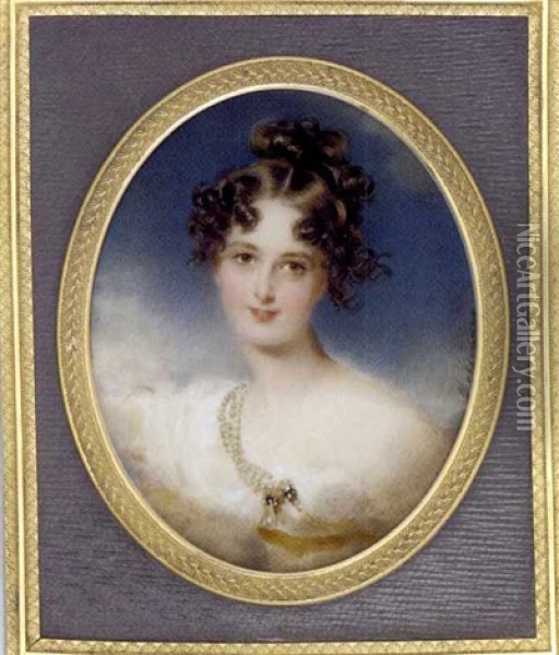 Princess Clementina Metternich As Hebe, In Loose White Dress With Yellow Sash Fastened By A Strand Of Pearls And Drop Pearl Pendant At Corsage, Her Dark Brown Hair Curled And Upswept Oil Painting - Moritz Michael Daffinger