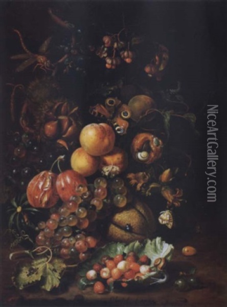 Elaborate  Still Life Of Fruit And Insects On The Ground Oil Painting - Jan Mortel