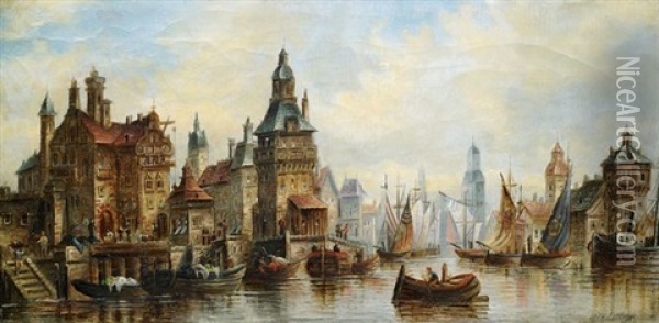 Emden (ansicht Des Hafens Mit Zahlreichen Lastbooten) Oil Painting - Alfred Montague