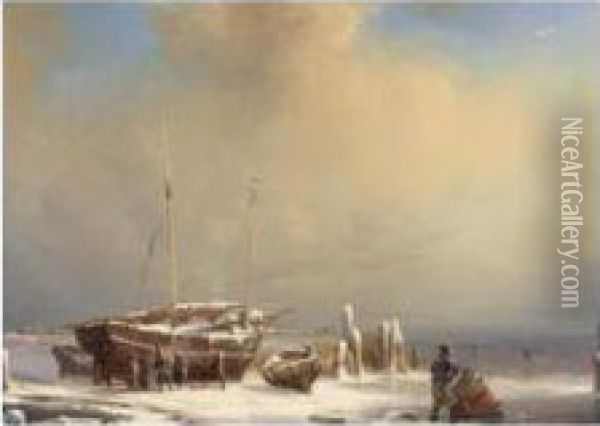 Figures Repairing A Boat On A Frozen Waterway Oil Painting - Louise Meyer